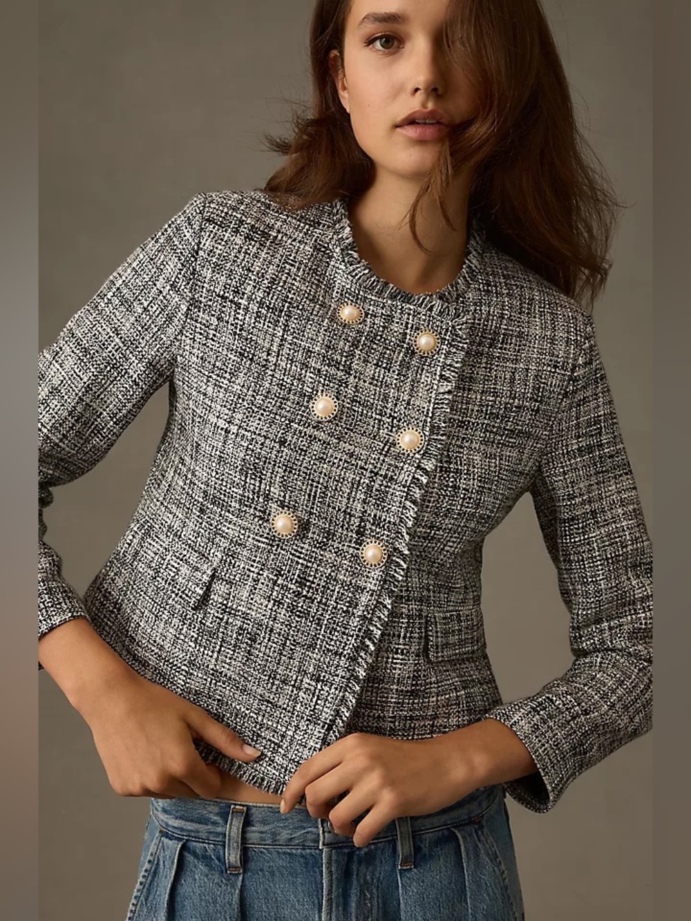 Maeve Double-Breasted Tweed Jacket Pearl-Button Size 8